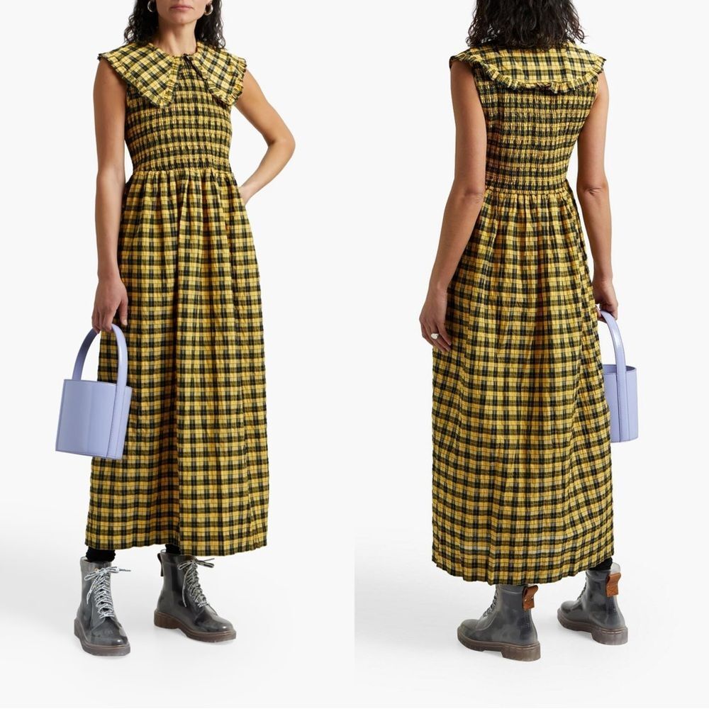 NEW GANNI Seersucker Check Smock Dress in yellow